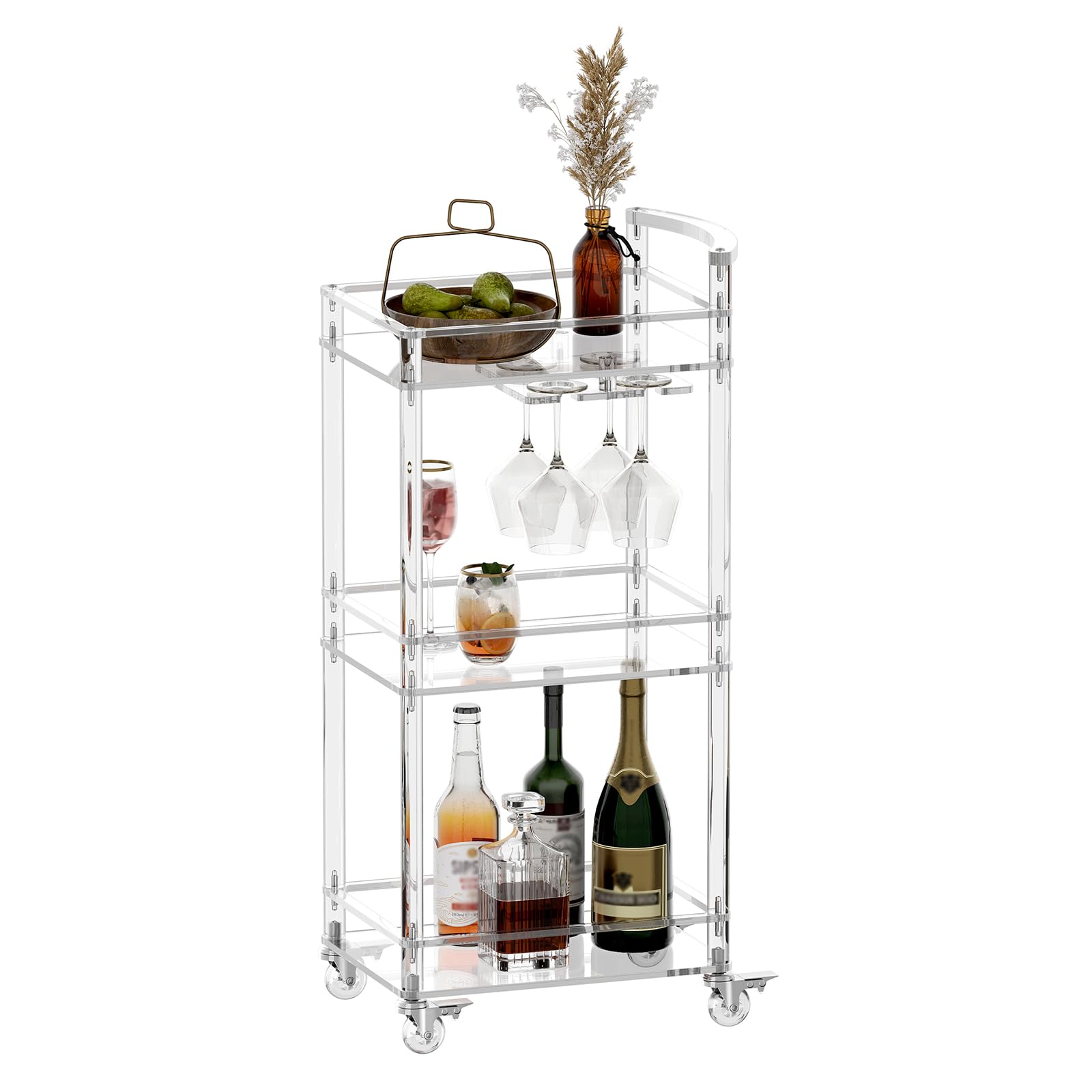 3-Tier Acrylic Rolling Bar Cart with Lockable Wheels