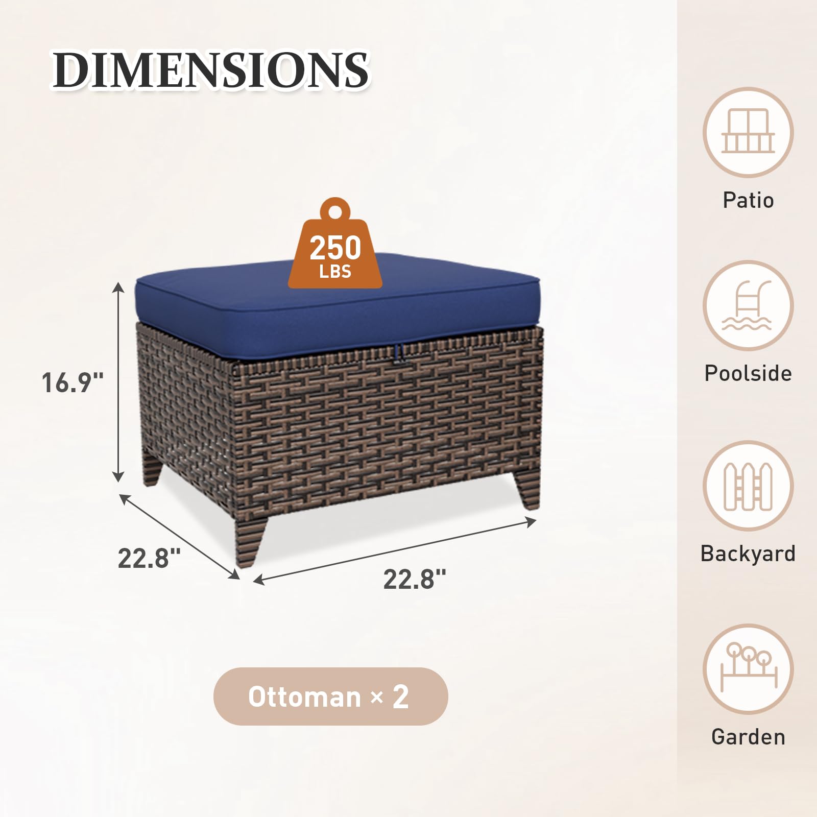 Wicker Outdoor Ottomans Set of 2 with Removable Cushions