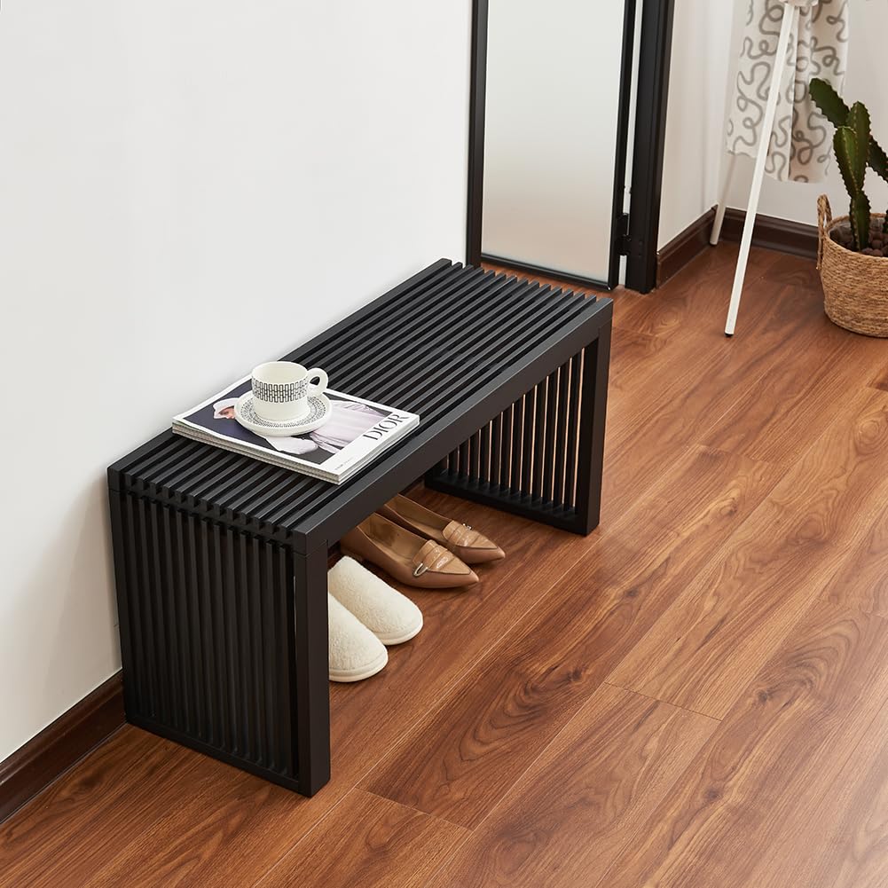 Wooden Slatted Bench Black Modern Design