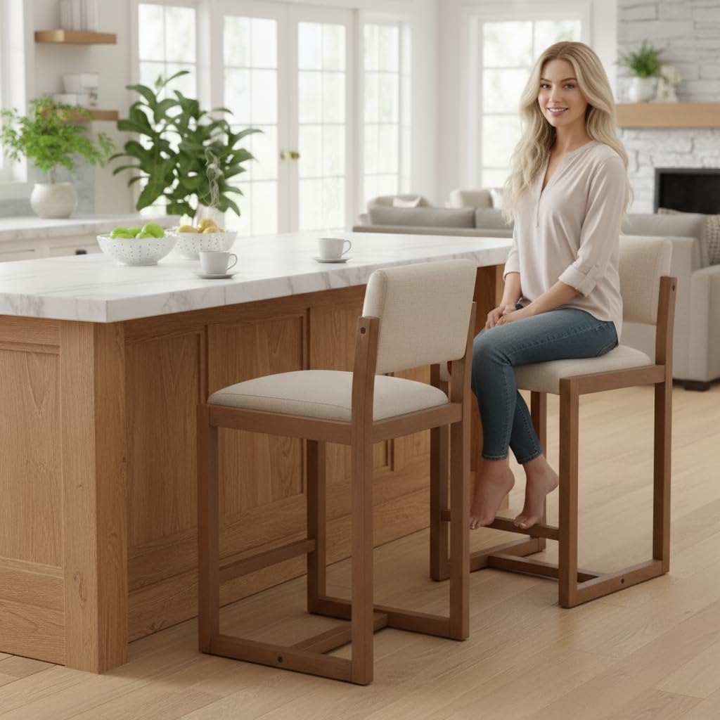 Modern Bar Stools Set of 4 - 26" Counter Height Linen Upholstered Kitchen Island Chairs