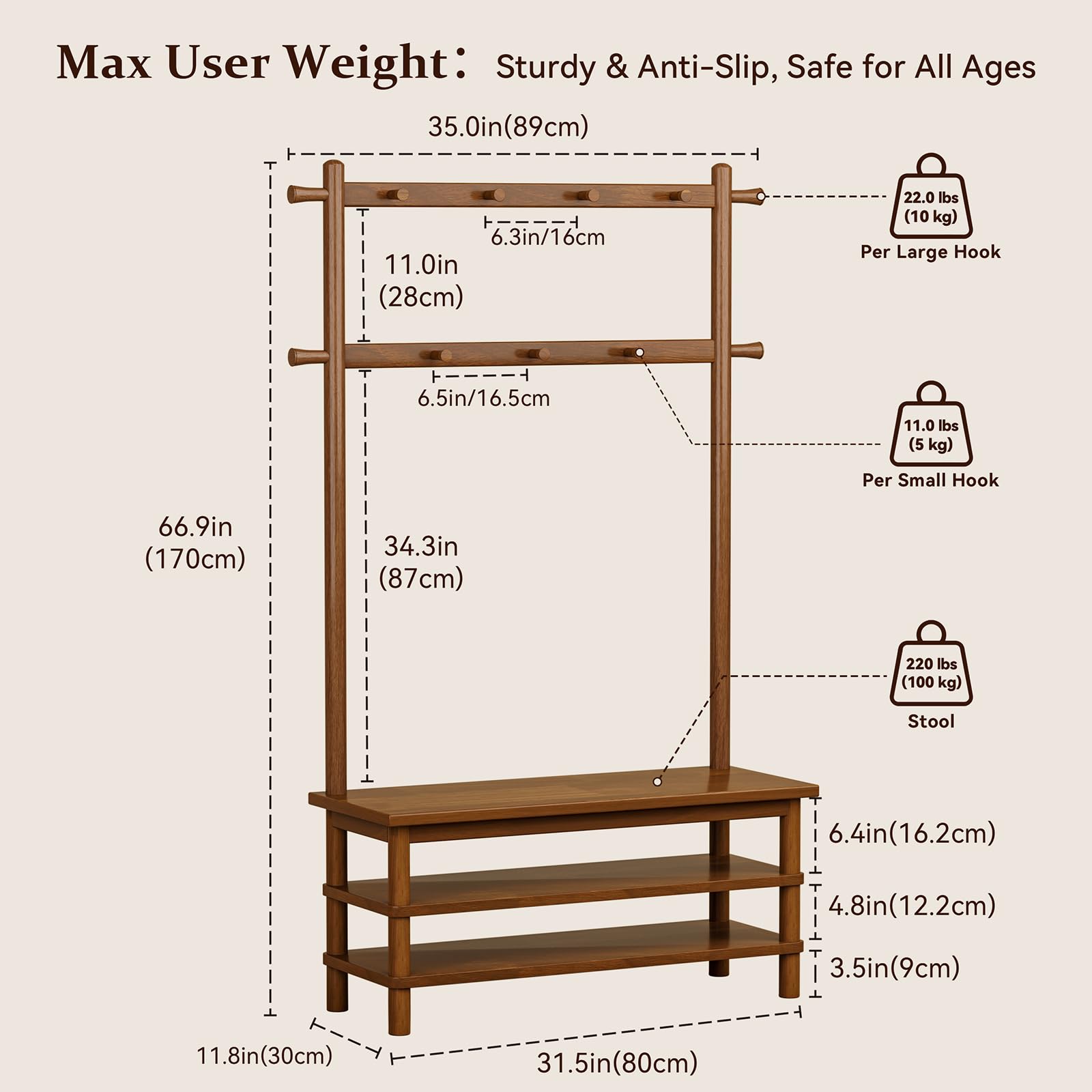3-in-1 Hall Tree with Shoe Storage Bench