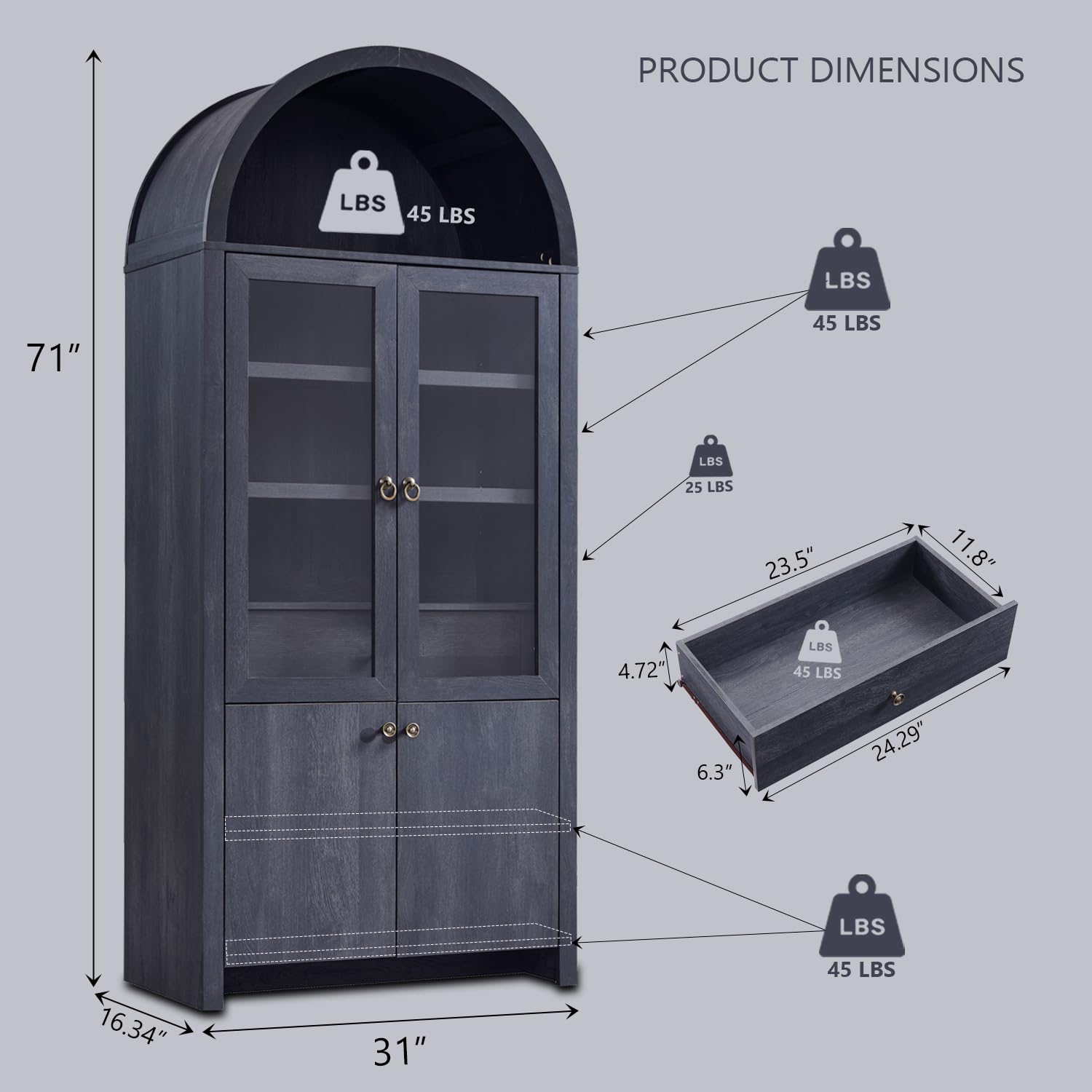 Arched Kitchen Pantry Cabinet with Glass Doors