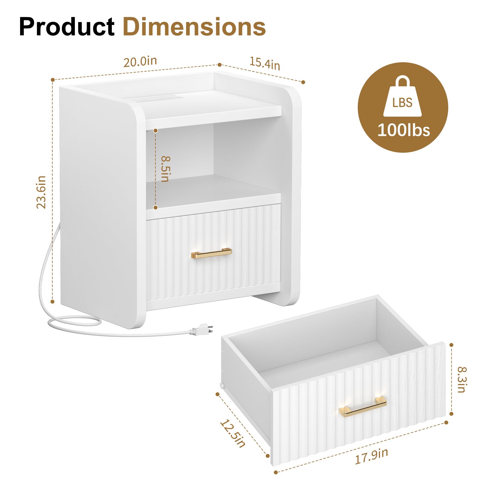 Night Stand with Charging Station and Drawer Storage