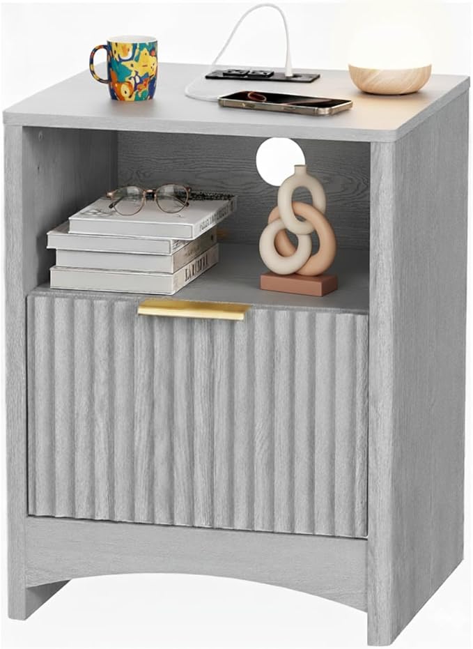 Fluted Nightstand with Charging Station