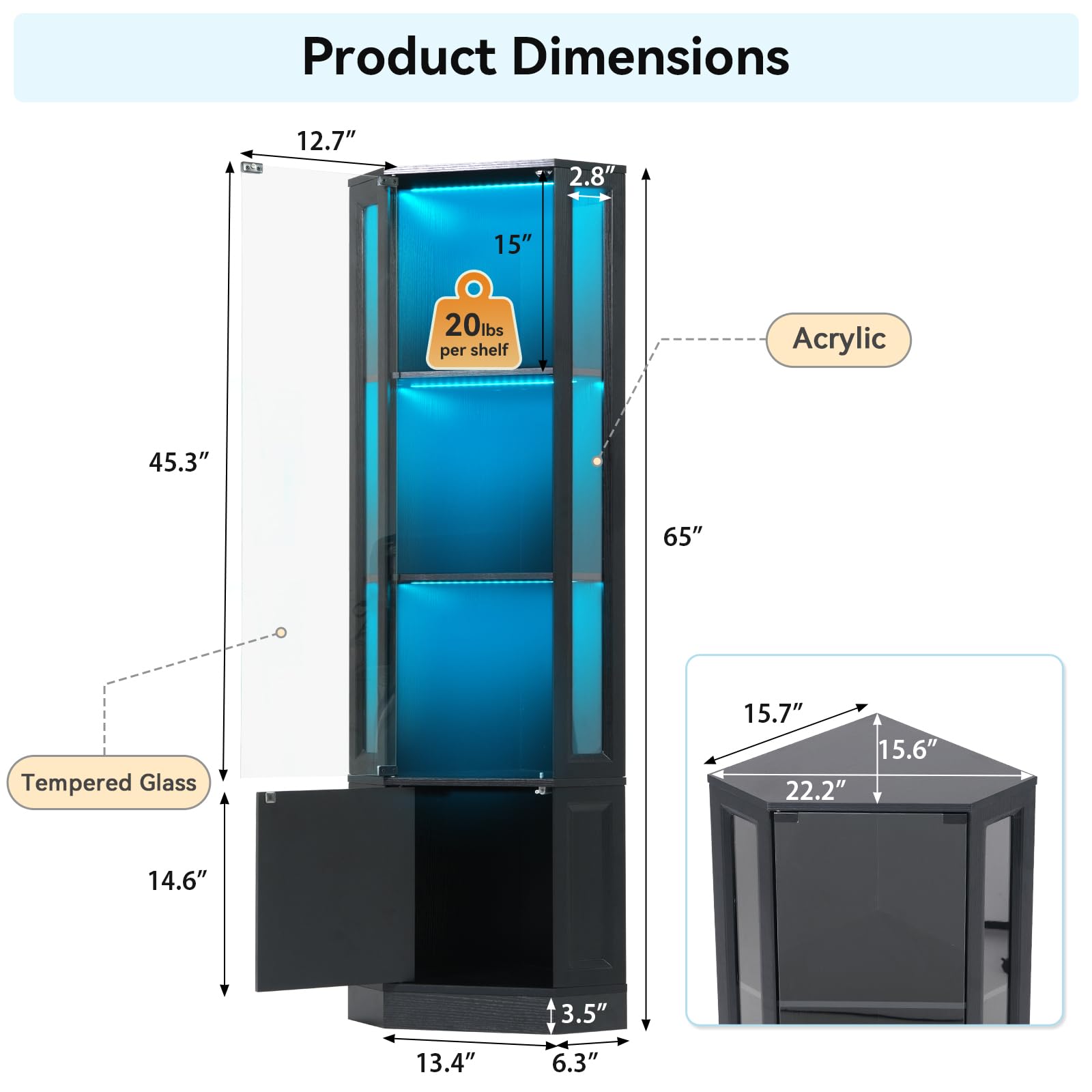 Corner Display Cabinet with RGB LED Lights