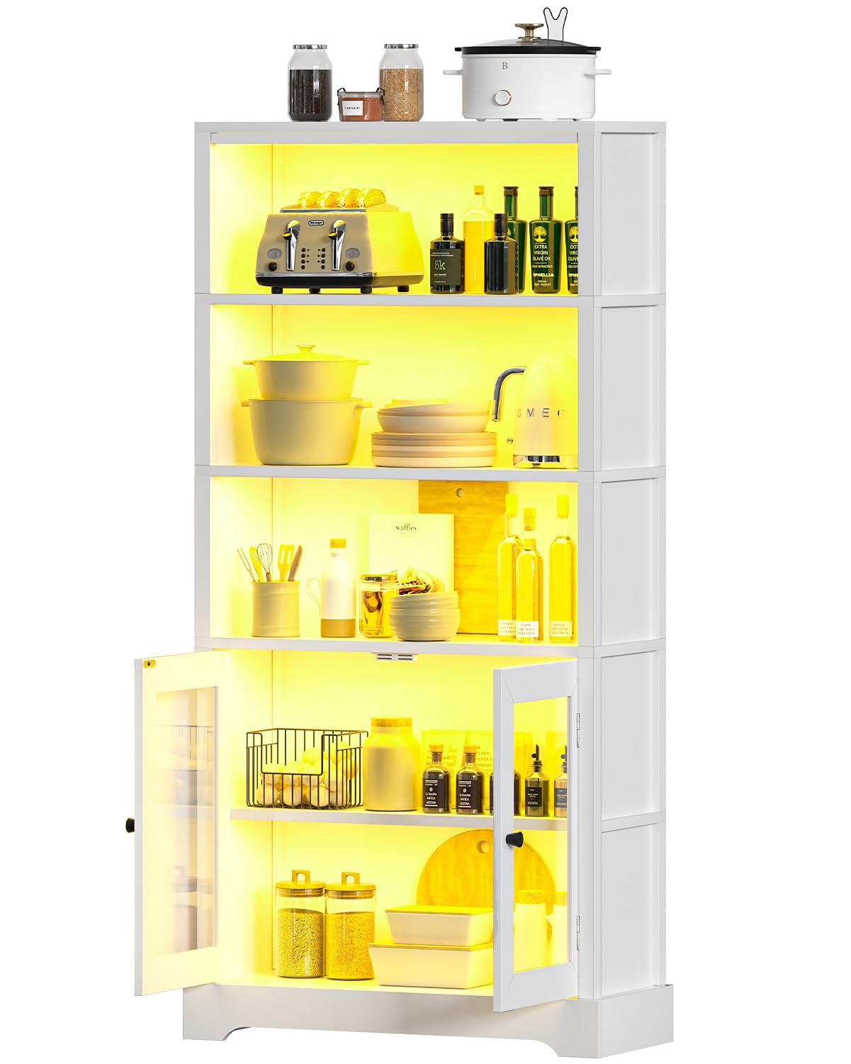 5-Tier Bookshelf with Multi-Color Ambient Lights and Cabinet Doors