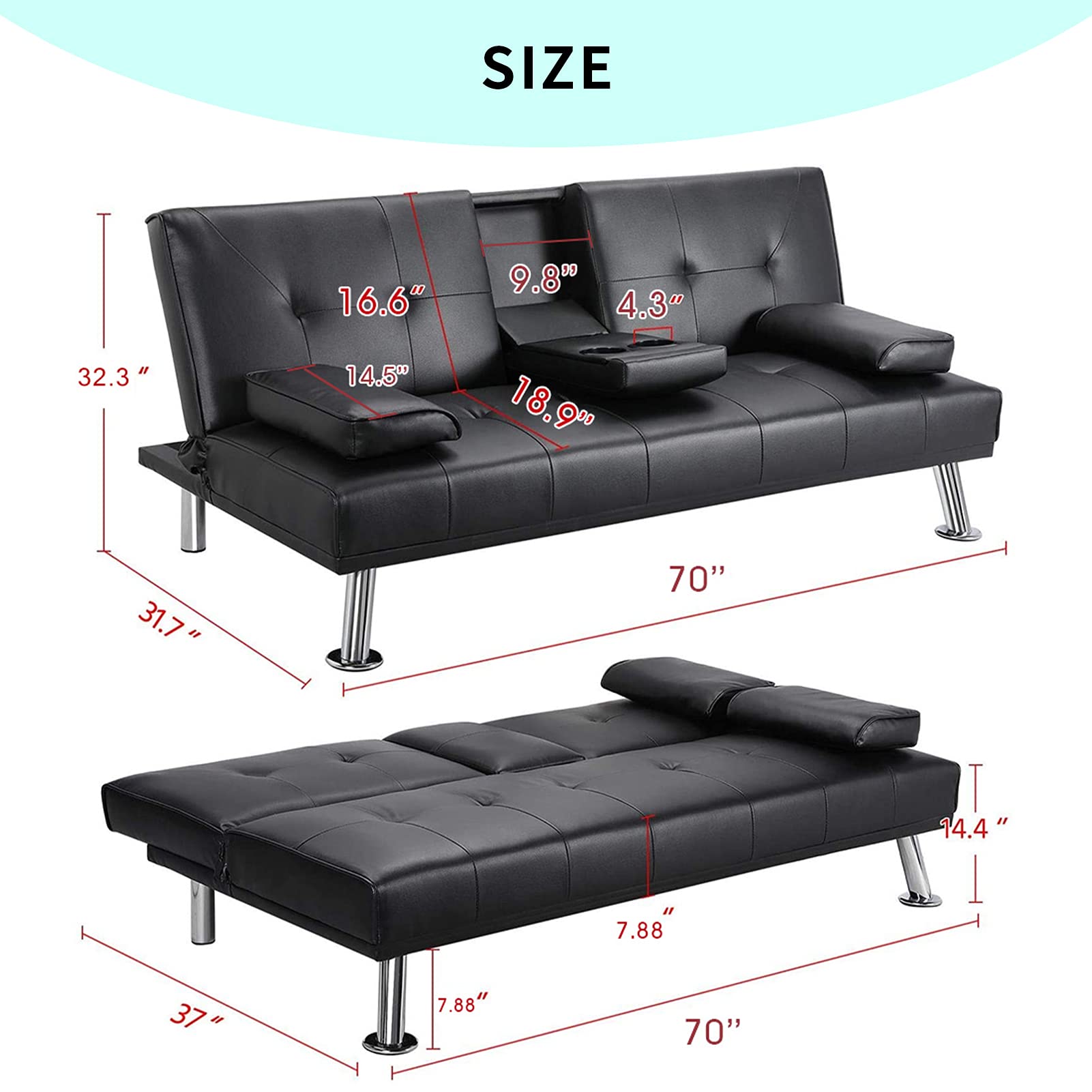 Convertible Futon Sofa Bed with Cup Holders