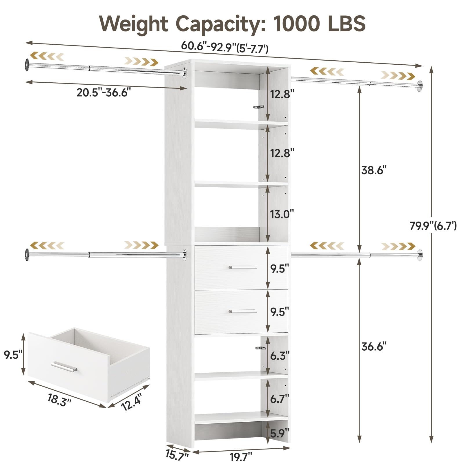 Closet System with 2 Drawers and Telescopic Rods
