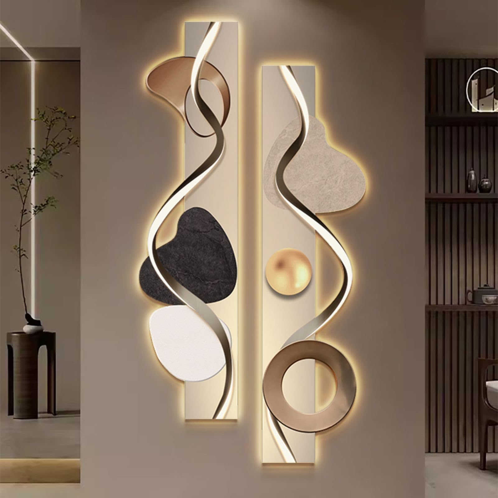 Modern Abstract Wall Art with LED Backlighting – Geometric Dual-Panel Wall Sculpture