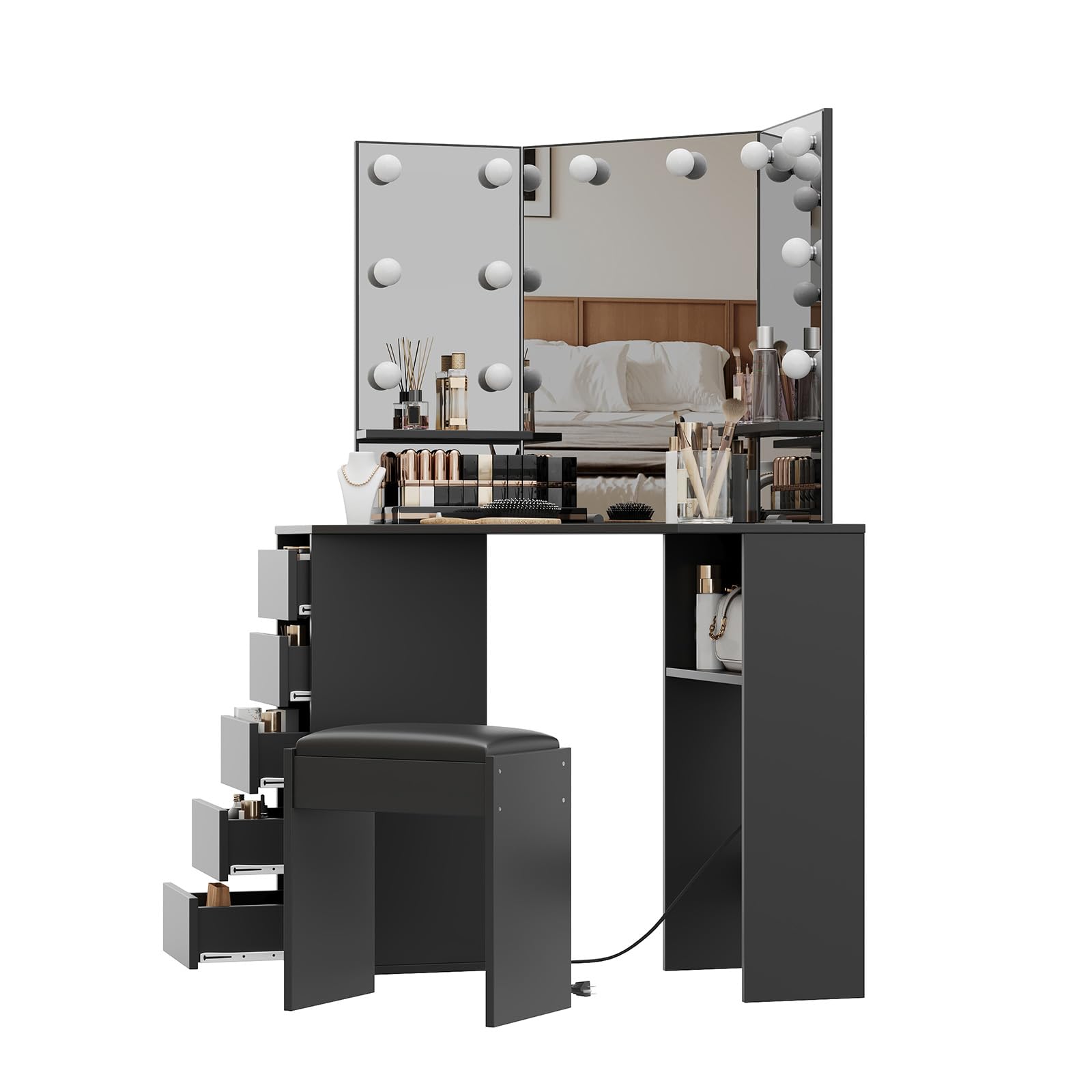 Corner Vanity Desk with Mirror and LED Lights