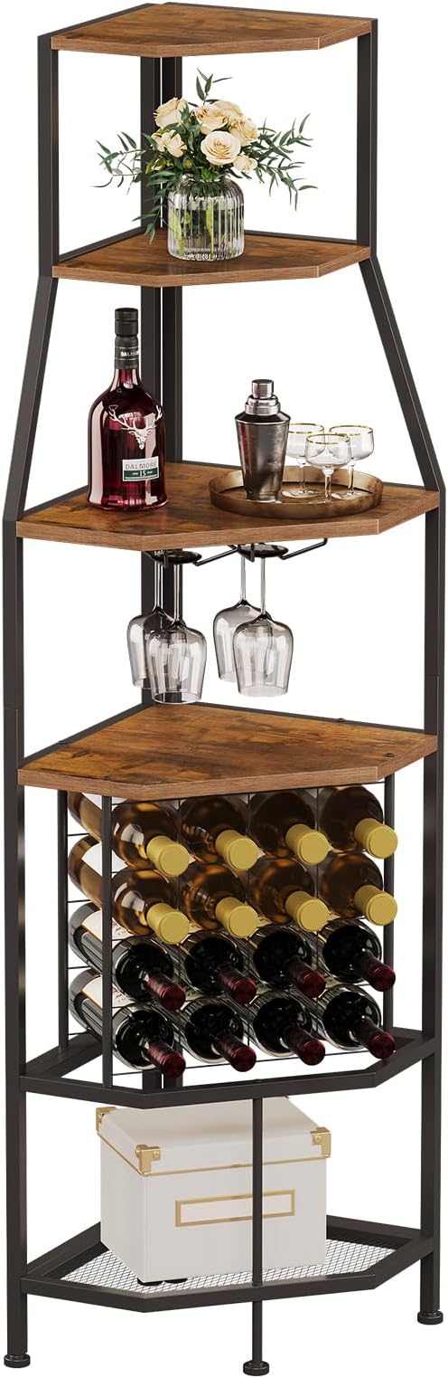 5-Tier Corner Wine Rack with Glass Holder
