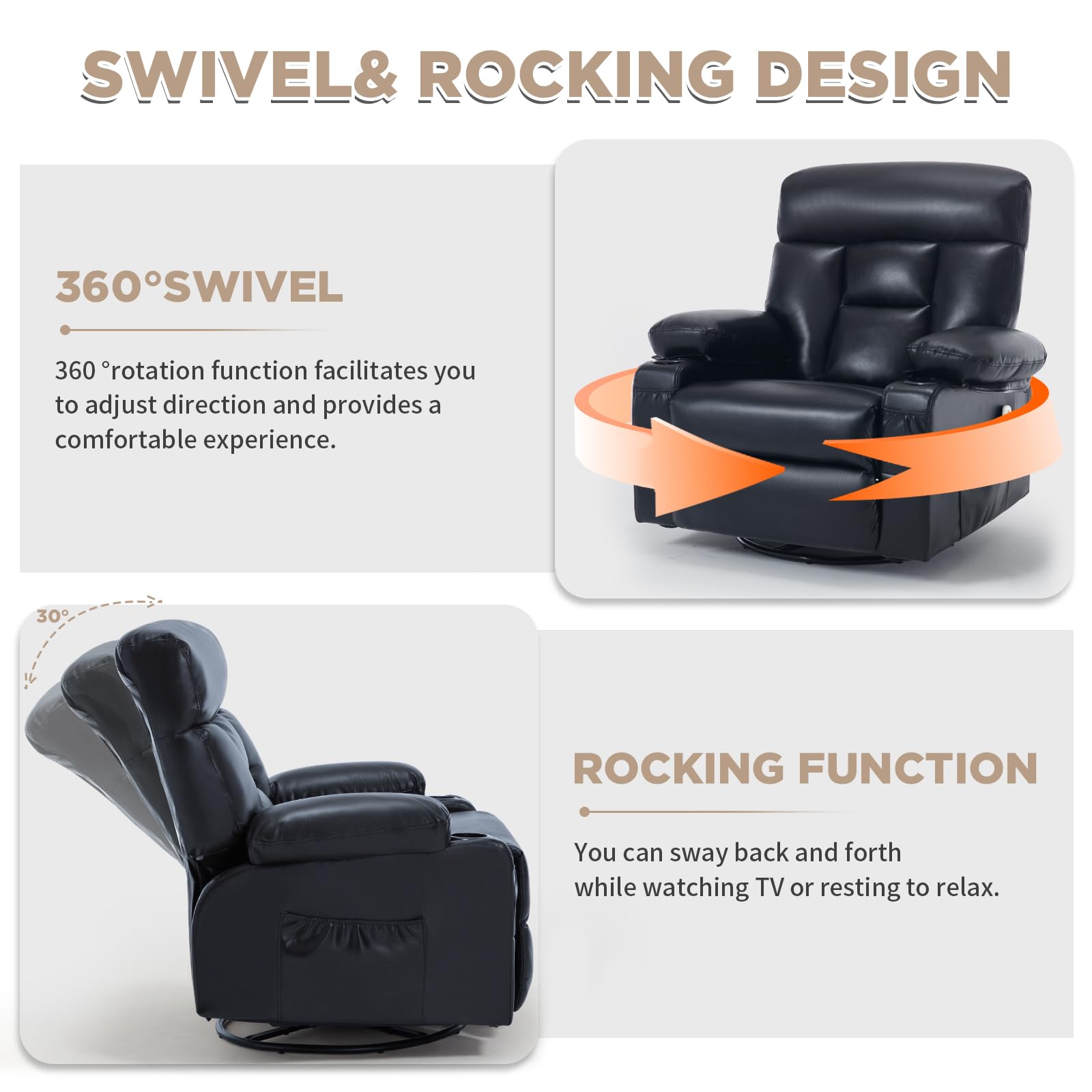 Recliner Chair with Heat and Massage, 360° Swivel Rocking Recliner for Adult, Overstuffed Armrest Faux Leather Manual Recliner with Cup Holders,Black