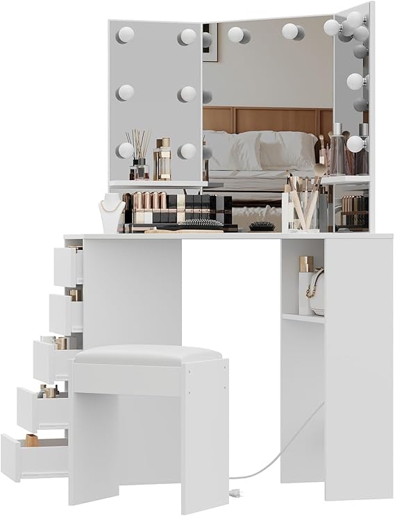 Corner Vanity Desk with Mirror and LED Lights
