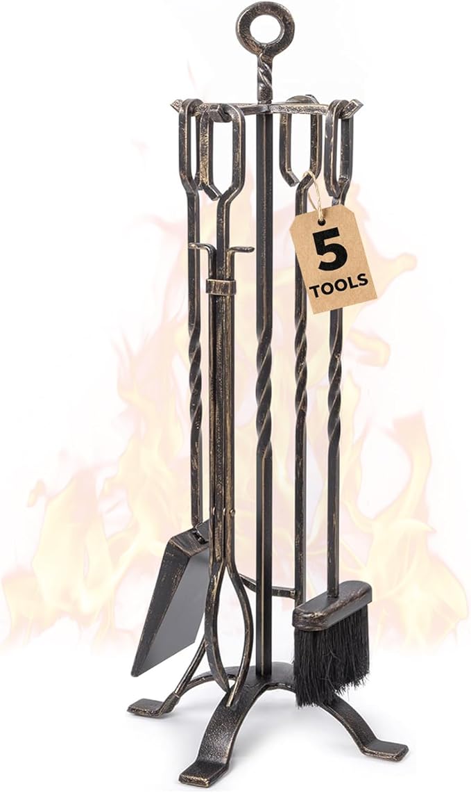 5-Piece Fireplace Tool Set with Handles - Wrought Iron