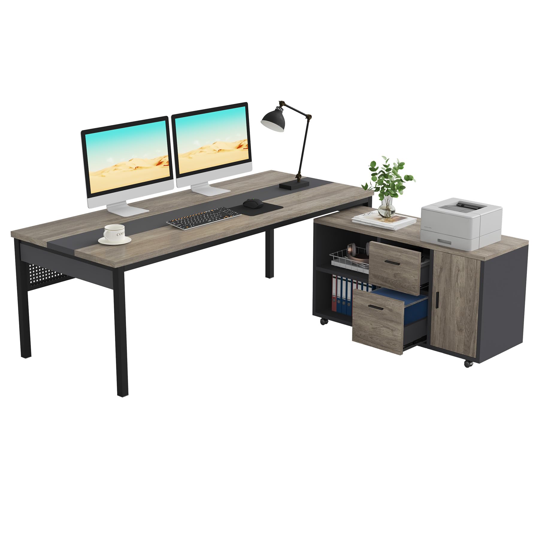 70.8" L-Shaped Executive Office Desk with File Cabinet Combo