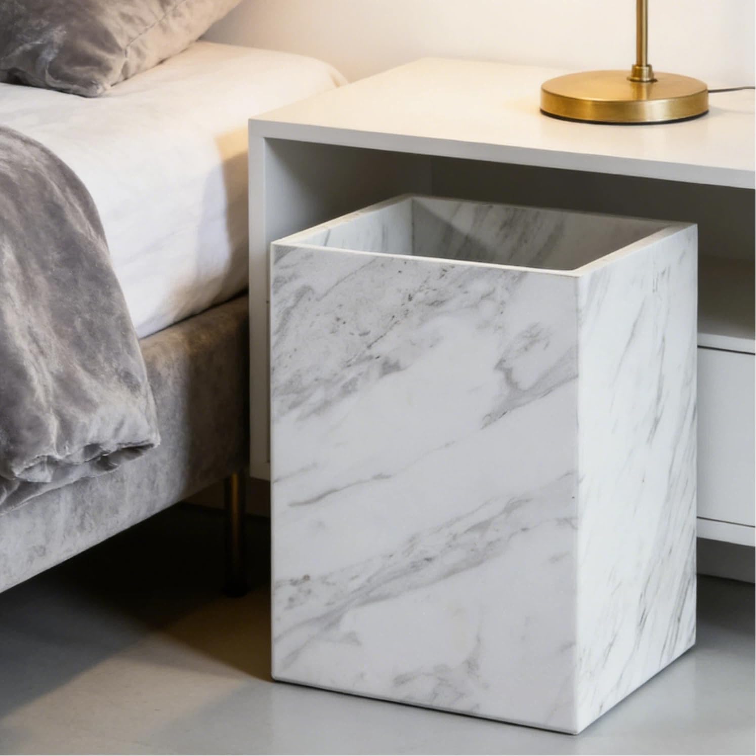 White Marble Wastebasket Rectangular Trash Can