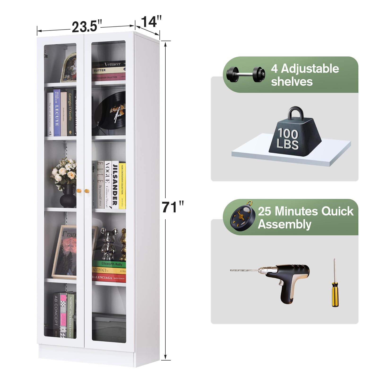 Modern Display Cabinet with Doors - 5-Tier Tall Bookcase