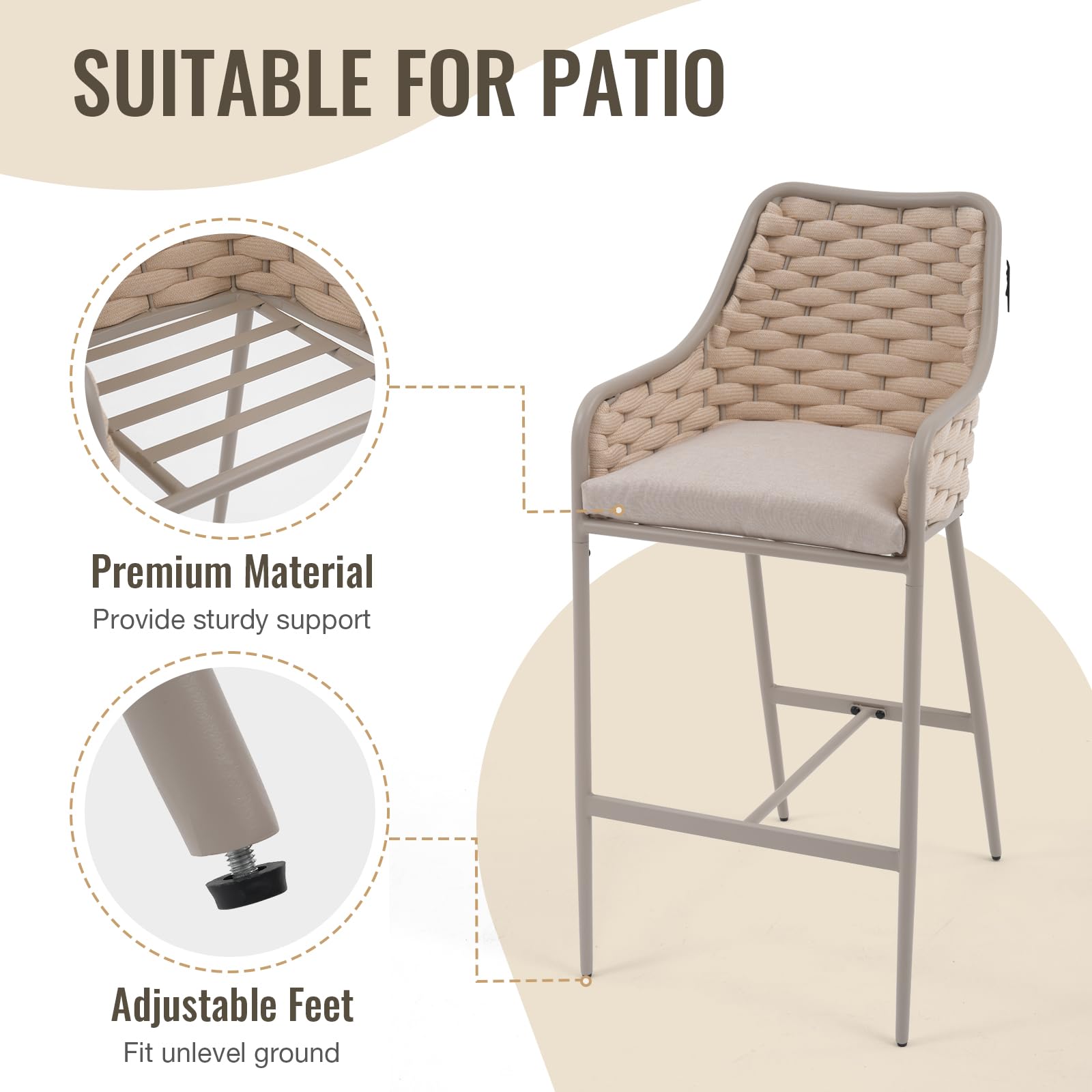 SUNSITT Outdoor Bar Stools Set of 2, 31.8” Patio Metal Counter Height Chairs w/Weather-Resistant Cushion, Woven Rope Design Modern Bar Height Outdoor Chairs w/Armrest Champagne for Garden Poolside