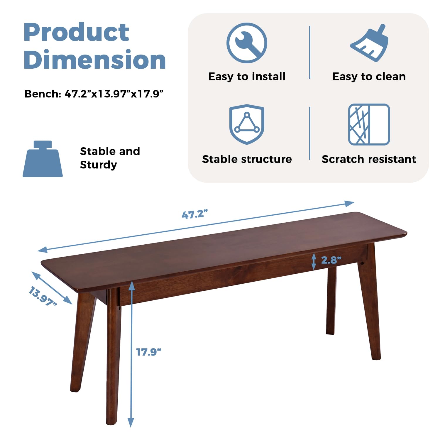 47 Inch Solid Wood Dining Bench Walnut