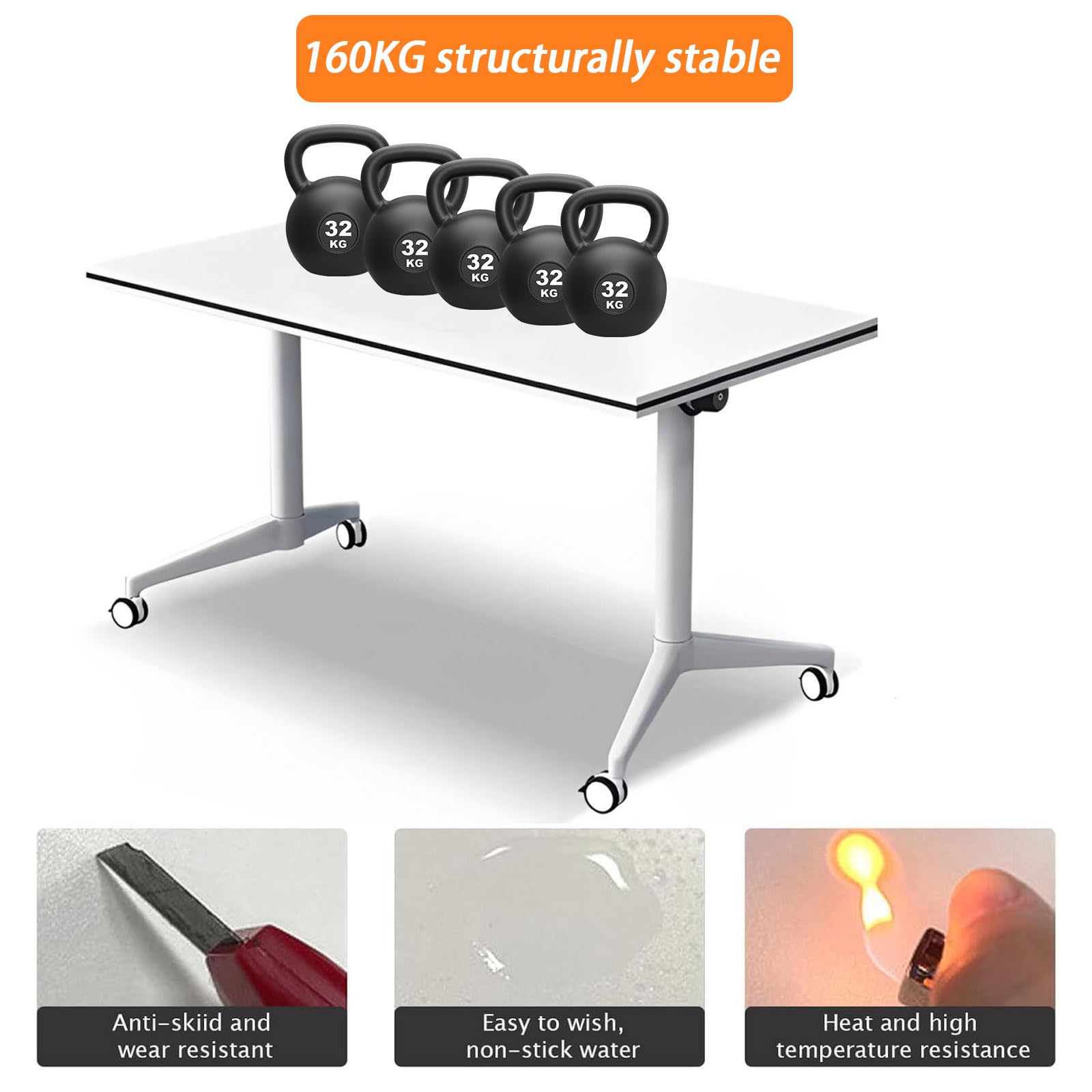 White Folding Conference Table with Flip-Top Design and Silent Wheels