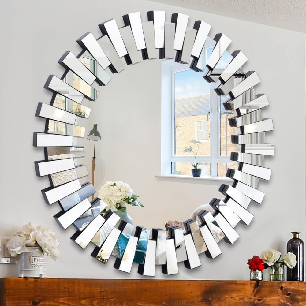 32 Inch Round Decorative Mirror with Beveled Glass Frame