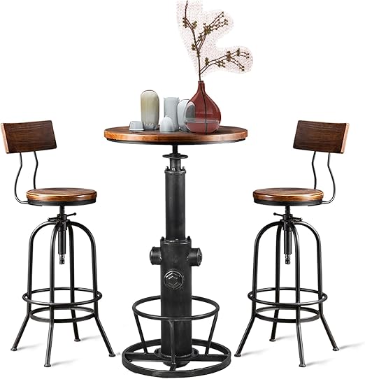 3-Piece Adjustable Height Bar Table Set with Backrest Stools