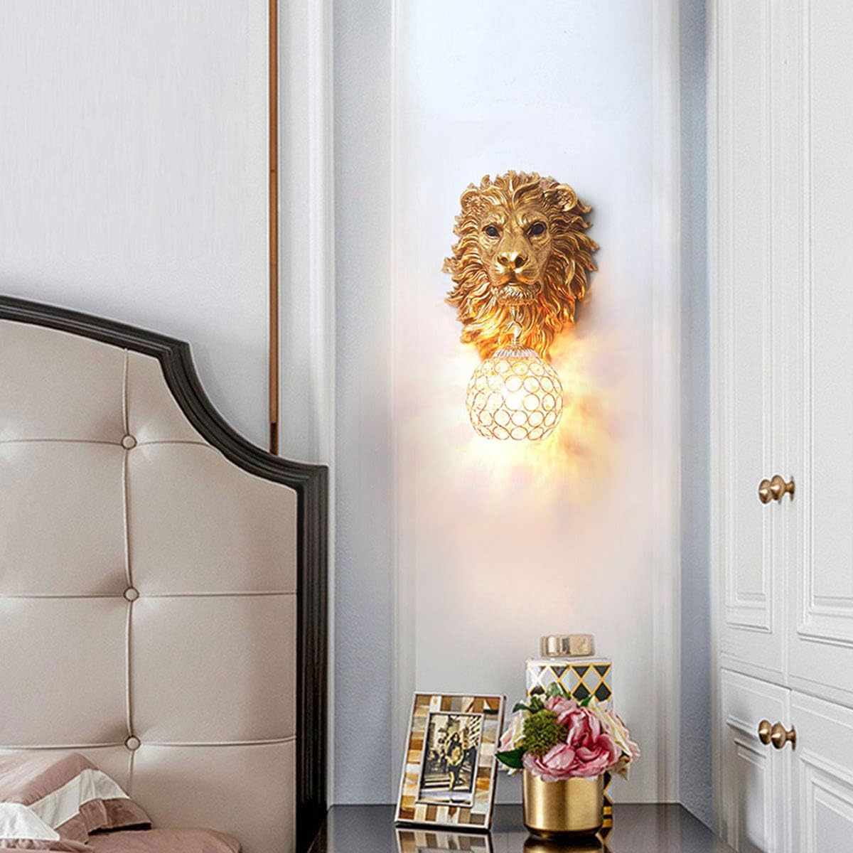 Vintage Gold Lion Wall Sconces Set of 2 with Crystal Beaded Shade