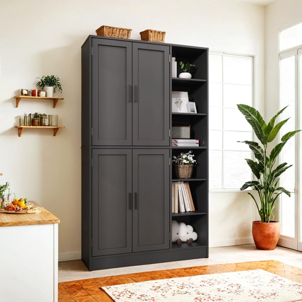 63" Tall Black Kitchen Pantry Storage Cabinet