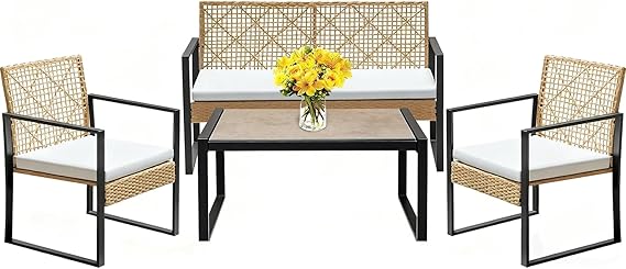 2 Seat Outdoor Rattan Loveseat with Built-In Table
