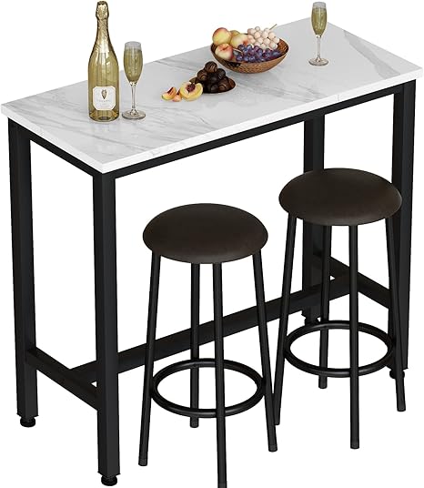 3-Piece Faux Marble Bar Table Set with Upholstered Stools