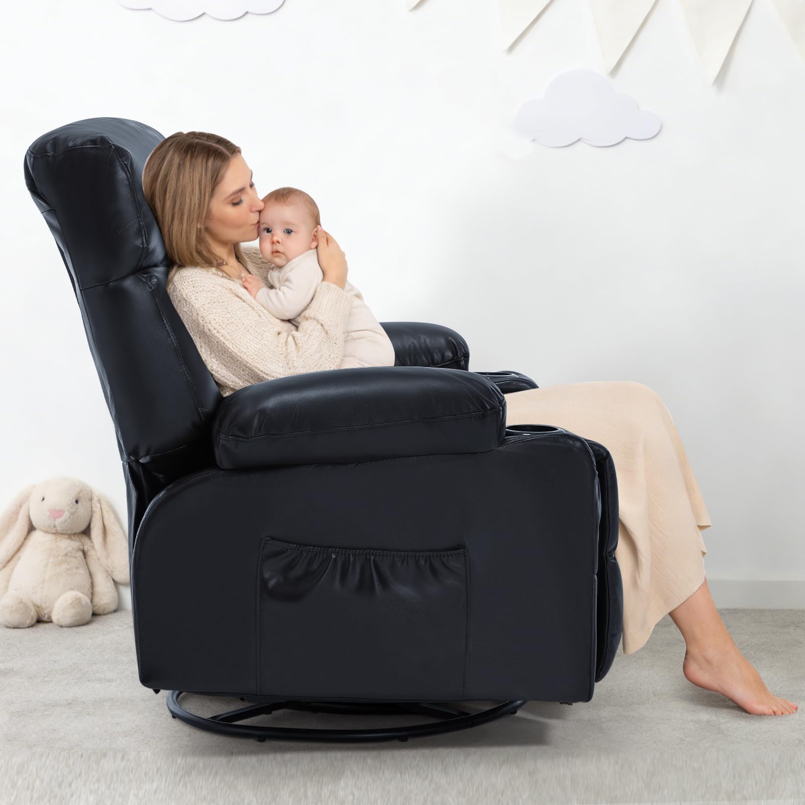 Recliner Chair with Heat and Massage, 360° Swivel Rocking Recliner for Adult, Overstuffed Armrest Faux Leather Manual Recliner with Cup Holders,Black