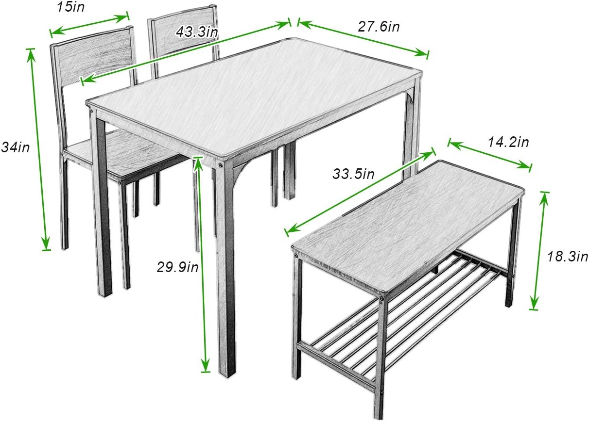 Dining Table Set with Bench and Chairs for 3-4 Persons
