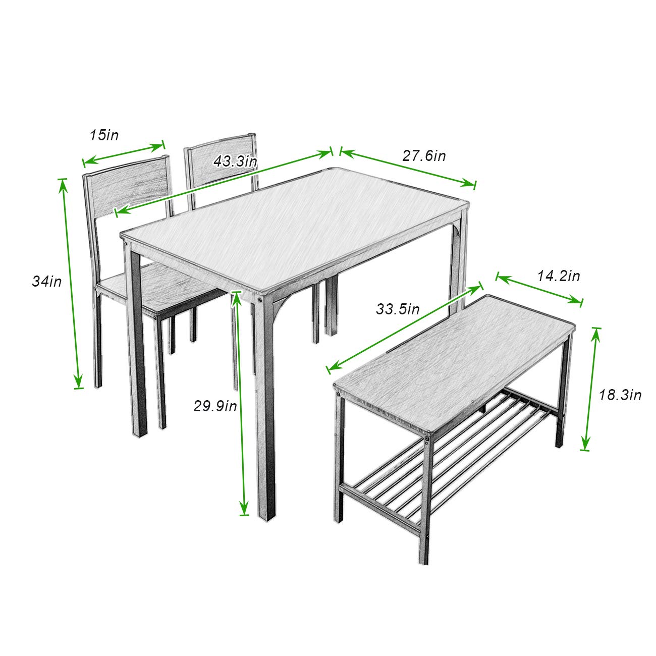 Dining Table Set with Bench and Chairs for 3-4 Persons