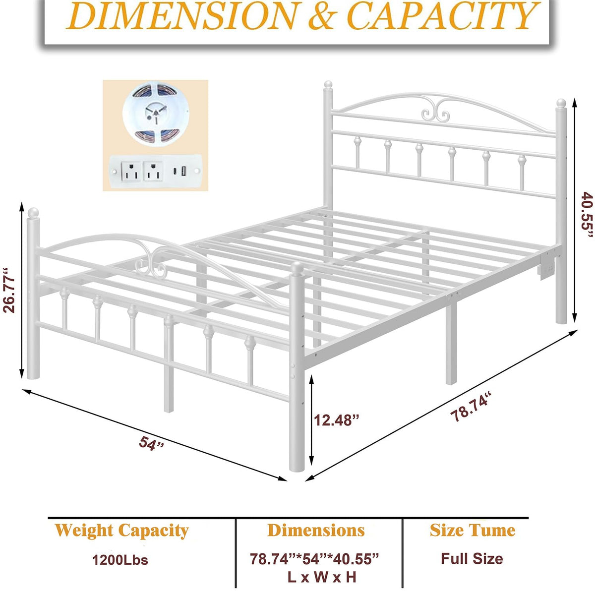 12 Inch Full Size Bed Frame with Charging Station and LED Lights