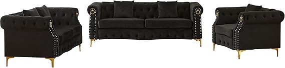 3-Piece Velvet Living Room Set with Tufted Design