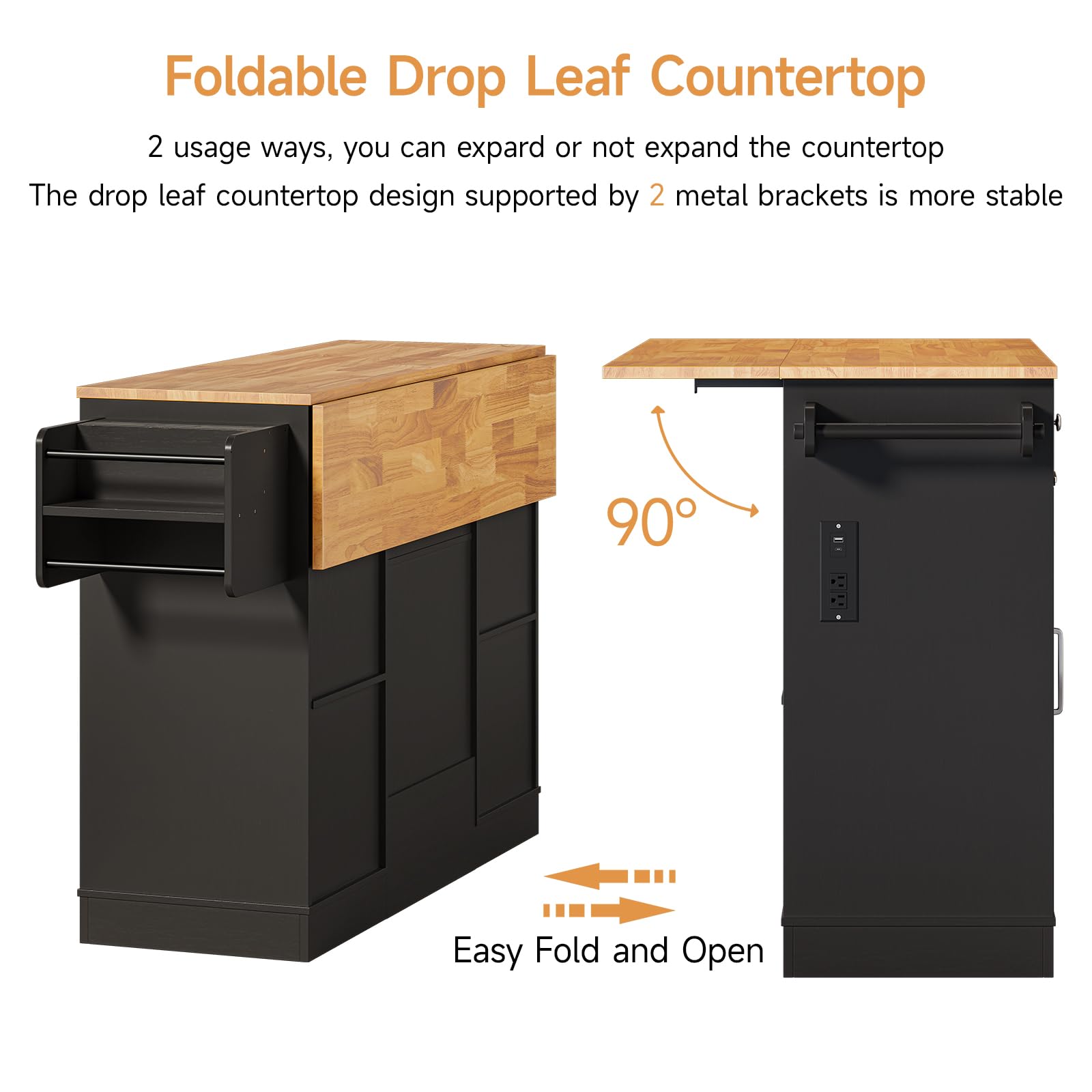 61" Kitchen Island Cart with Drop Leaf and Power Outlet