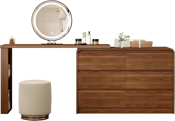 L-Shape Vanity Desk with LED Mirror and Lights - 6 Drawer Makeup Dresser