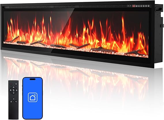 60" Smart Electric Fireplace with Voice Control and Realistic Flame
