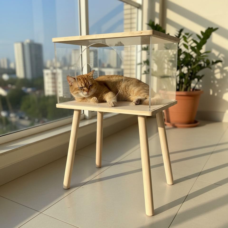 Cat Bedside Table with Acrylic Guardrail