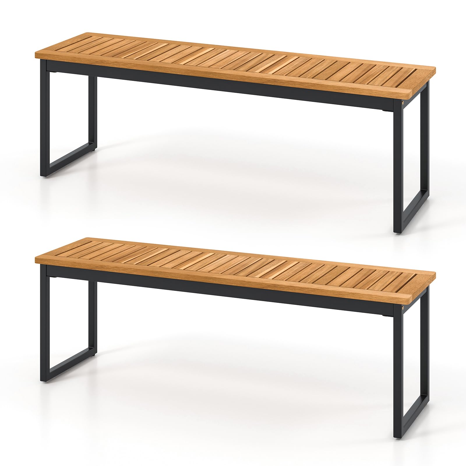 Acacia Wood Outdoor Dining Bench Set of 2 with Metal Legs
