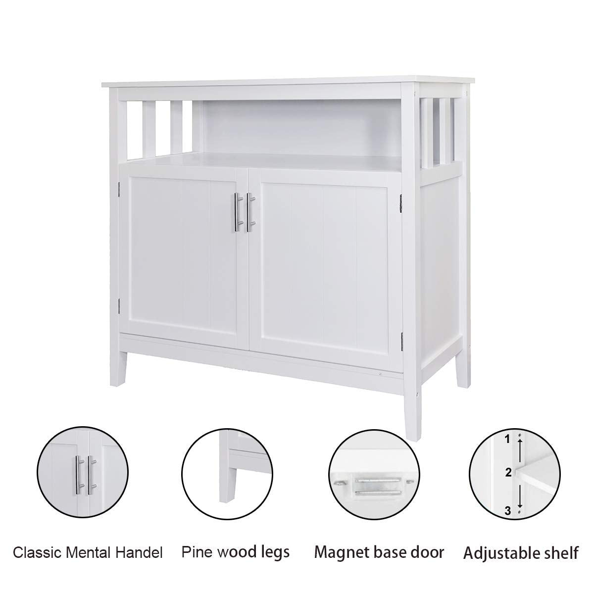 White Kitchen Buffet Cabinet with Adjustable Shelves