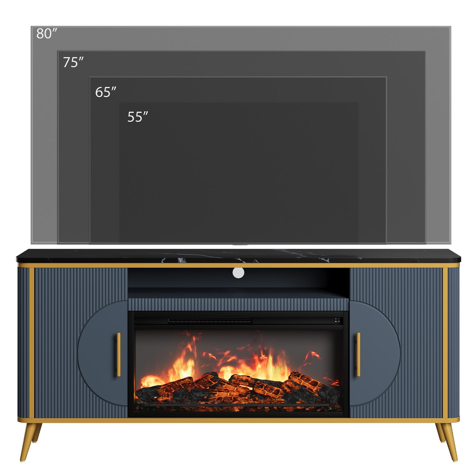 80" Fluted Fireplace TV Stand with 30" Electric Fireplace - Navy Blue