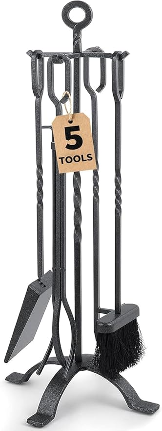 5-Piece Fireplace Tool Set with Handles - Wrought Iron