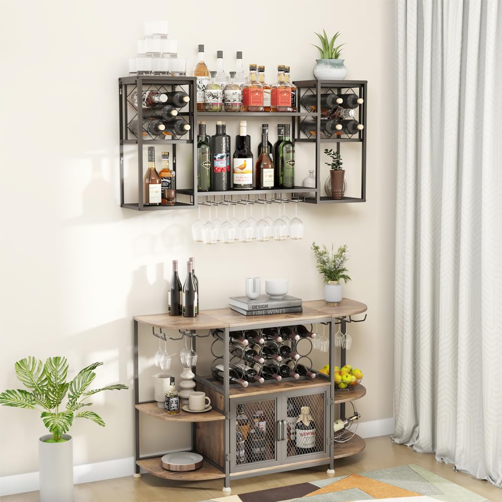 Wall Mounted Wine Rack 2 Tier with Glass Holder
