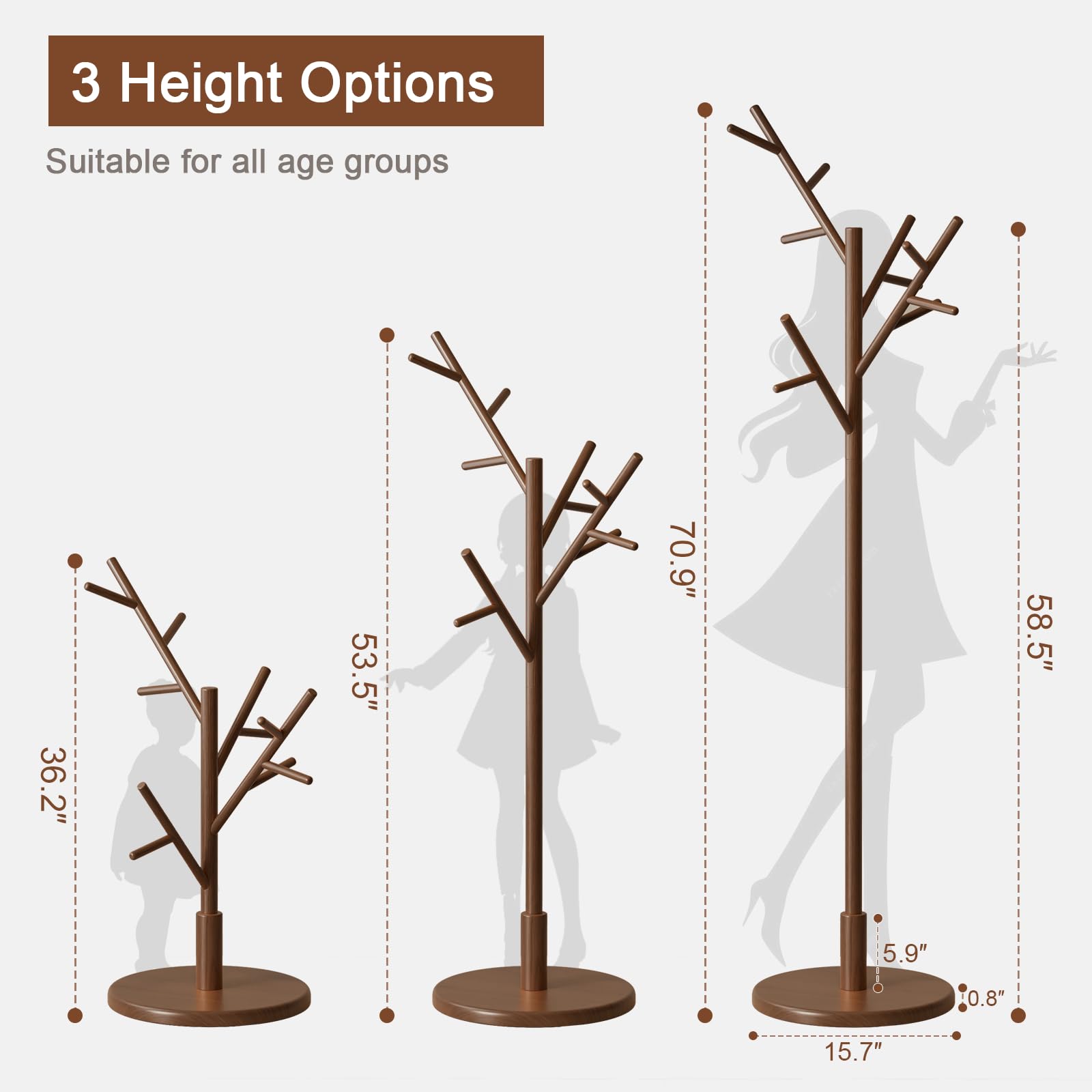 Solid Wood Coat Rack with 12 Hooks and 3 Adjustable Heights