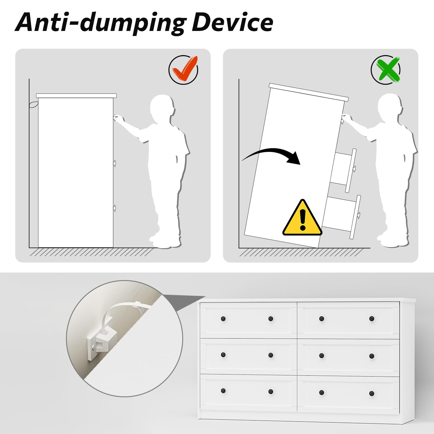 55" Modern 6 Drawer Double Dresser with Black Knobs