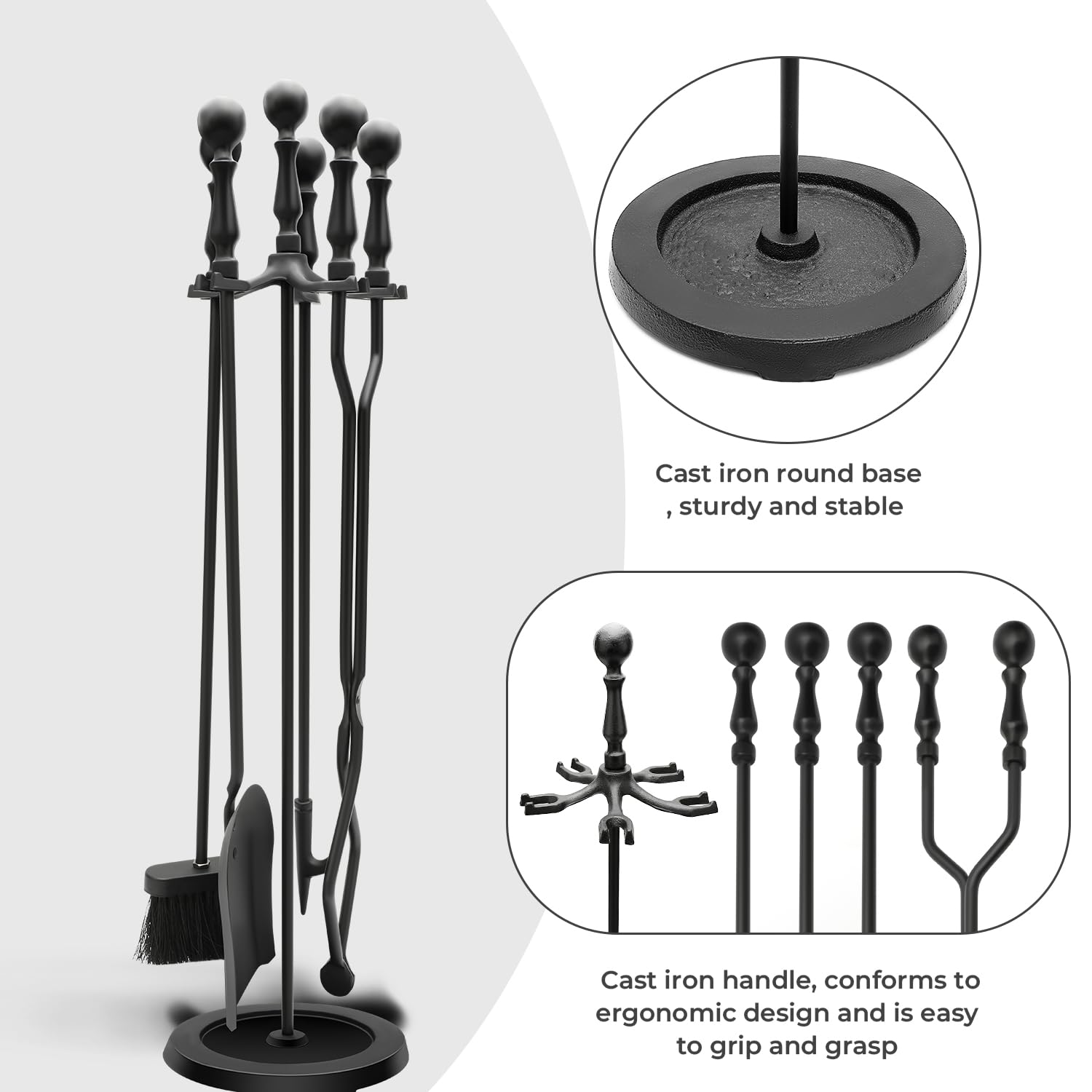 5-Piece Cast Iron Fireplace Tool Set with Stand