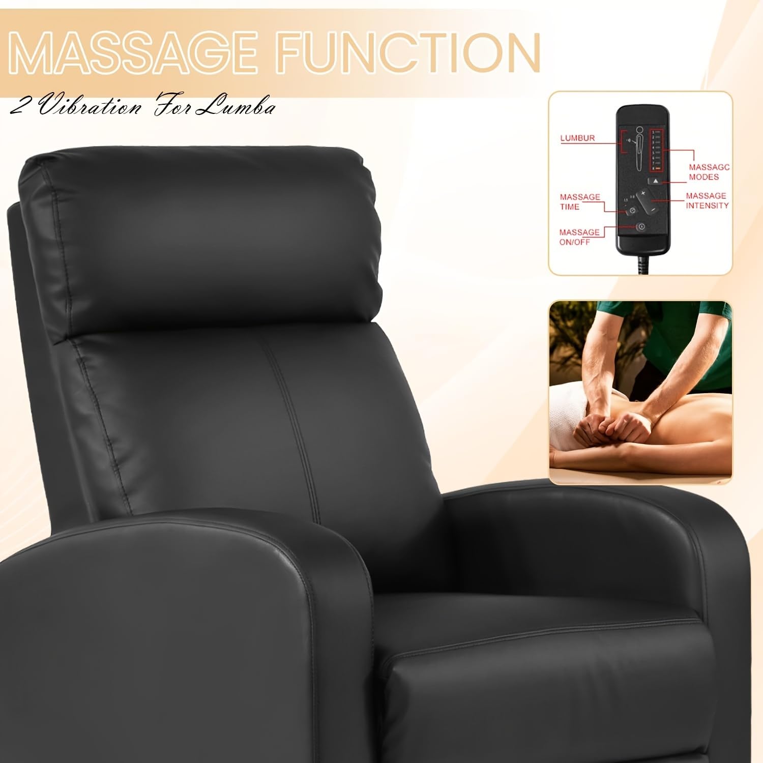 Massage Recliner Chair PU Leather Recliner Chair, Recliner Sofa for Adults, Home Theater Seating with Lumbar Support, Bedroom Living Room Chair with Padded Seat Backrest, Black