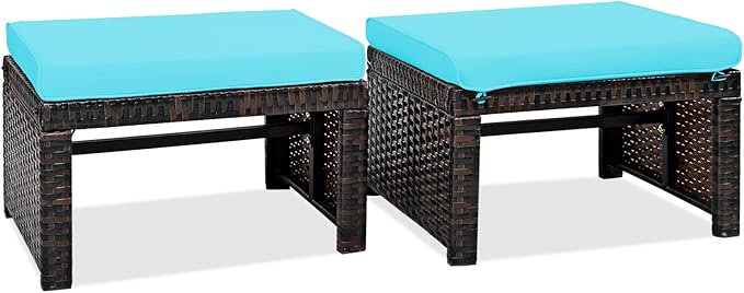 2-Piece Wicker Outdoor Ottoman Set with Removable Cushions