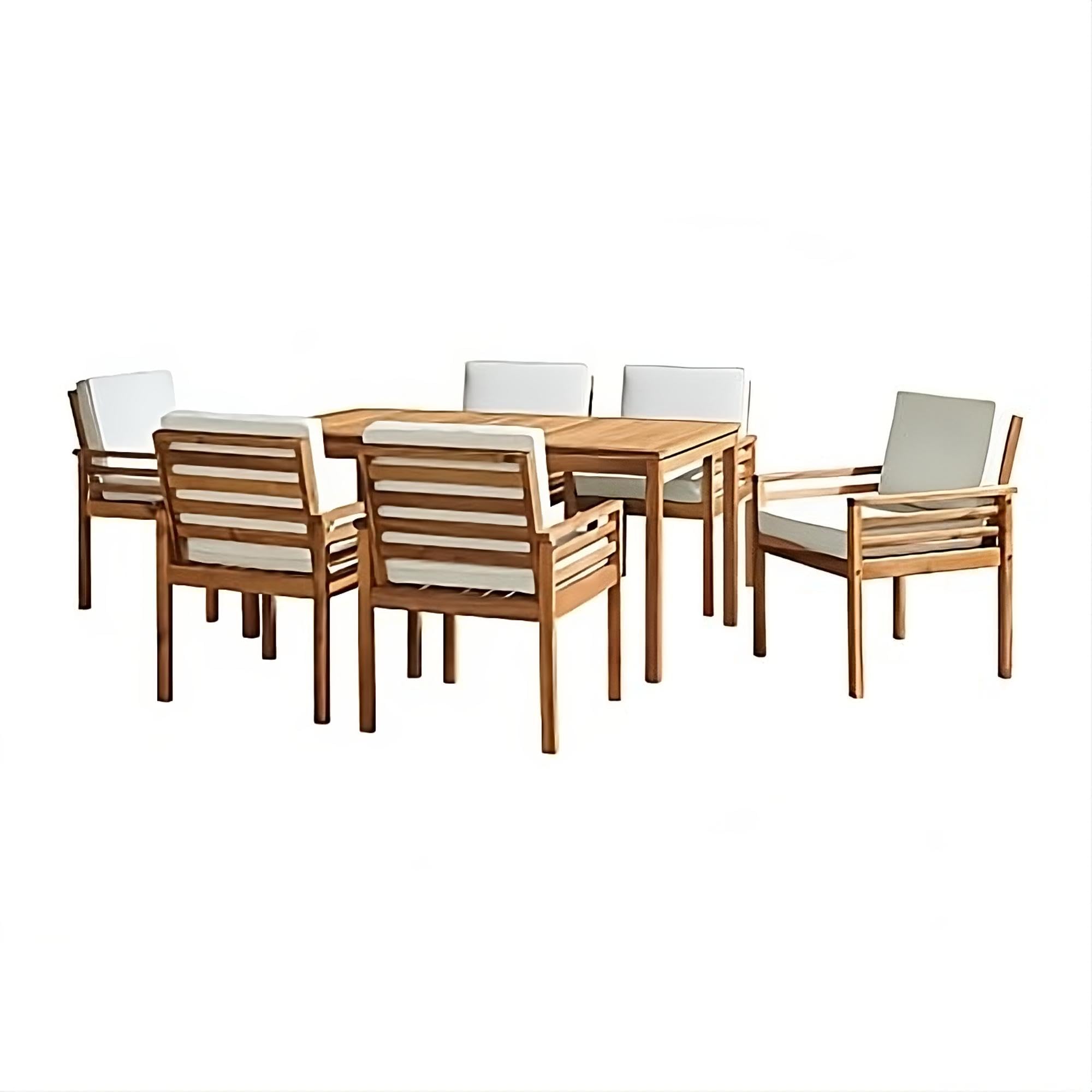 Okemo 7-pc Outdoor Dining Set, Acacia Wood Table (63 in. W x 35 in. D x 29 in. H) and 6 Chairs, Water-Resistant Ivory Cushions (24 in. W x 27 in. D x 33 in. H), Weather-Resistant Hardwood